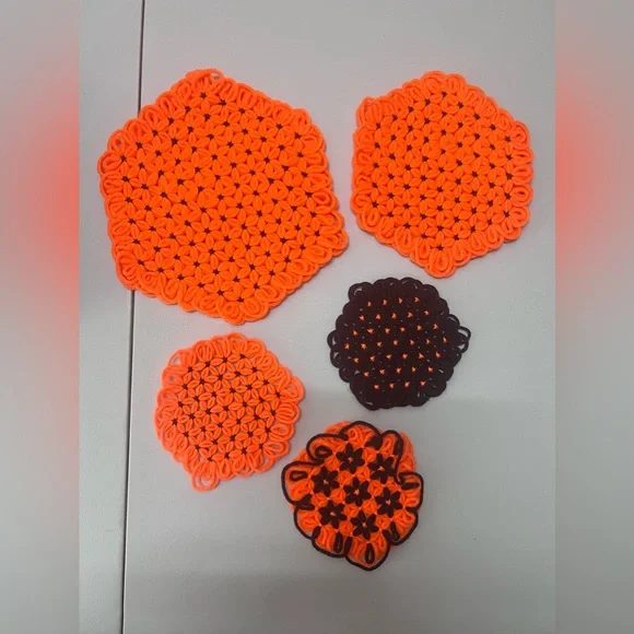 Vintage MCM Handmade Loom Doilies Crochet Placemat Trivet Yarn Flower Halloween - Picture 1 of 9